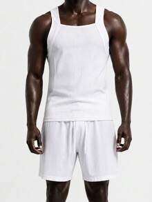 Rest Era Manfinity Men's Basic Casual Fashionable Comfortable Ribbed Fabric Black & White 2-Piece Vest & Shorts Loungewear Set - Black and White - View 3