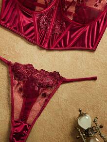 PinupPomp Plus Size Women's Embroidered Underwire Bra & Low Waist Thong Panty 2pcs Set - Burgundy - View 4