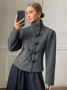 DAZY Solid Color Fitted Waist Horn Button High Neck Wide Long Sleeve Elegant Formal Holiday Autumn/Winter Overcoat Women's - Grey - View 5