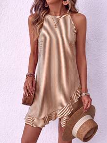EMERY ROSE New Summer Style For Ladies: French Blue And White Striped Off-The-Shoulder A-Line Dress With Asymmetrical Ruffle Hem And Sleeveless Design For A Slimming Effect, Perfect For Vacation. - Multicolor - View 5