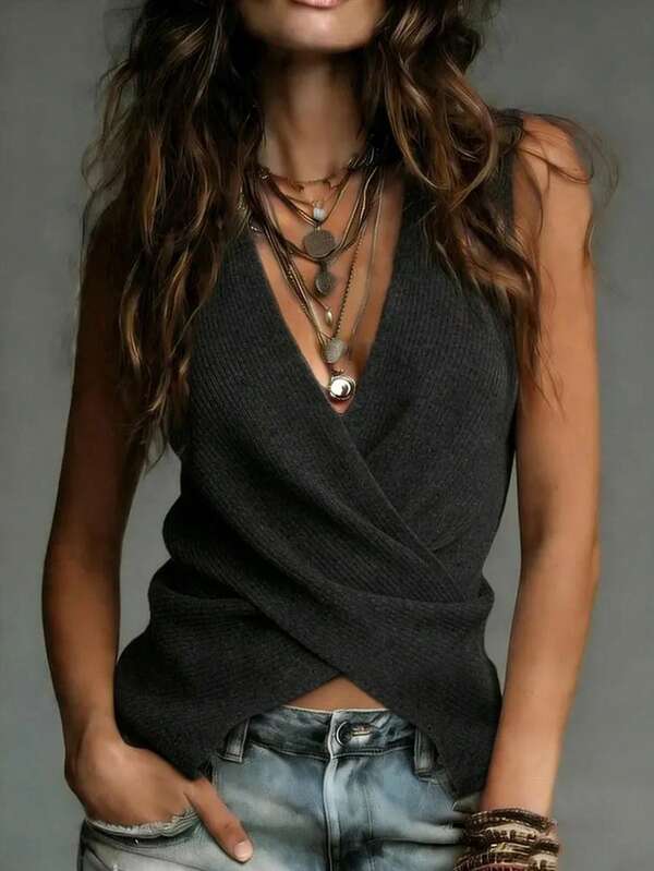LUMIGAL Women's Fashion Casual Criss-Cross Pleated Knit Vest For Daily Wear