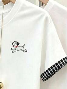 Resyla 夏季出遊上衣 女款標準版型 T-shirt，經典條紋印花對比色白色 T-shirt，可愛小狗印花圖案，圖形設計，舒適面料，返校季，教師穿搭，日常 - 彩色 - 查看 3