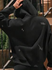 GLOWMODE X Harry Potter SoftCalm Modal Seeing Stars Oversized Full Zip Hoodie With Constellation Embroidery & Two-Way Zipper Daily Casual Summer Wear - Black - View 3