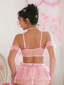 SHEIN 浪漫蕾絲可愛裙裝套裝 4件組 - 粉色 - 查看 2