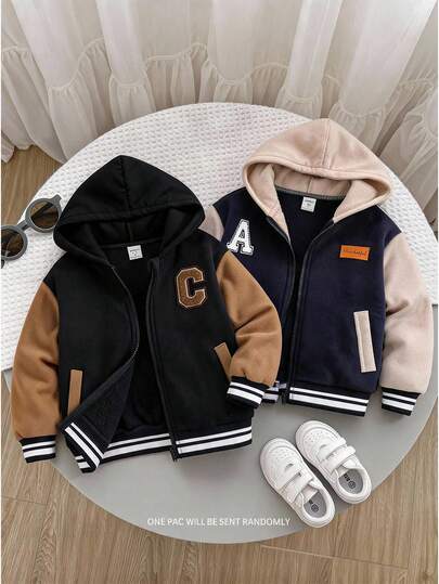 SHEIN Young Boy Casual Versatile Patchwork Contrast Color Thick Hooded Jacket, Suitable For Campus Style, Garden Style, Birthday, Autumn/Winter, Halloween, Vintage Style, Young Boys Zipper Hooded Sweatshirt, Boys Jacket, Cute Hooded Sweatshirt, Winter Top, Winter