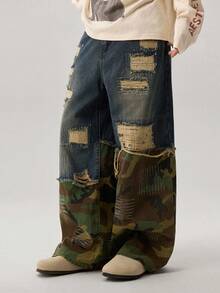 Jeans de mezclilla holgados con estampado de camuflaje y desgastados para hombre - Azul - Ver 4