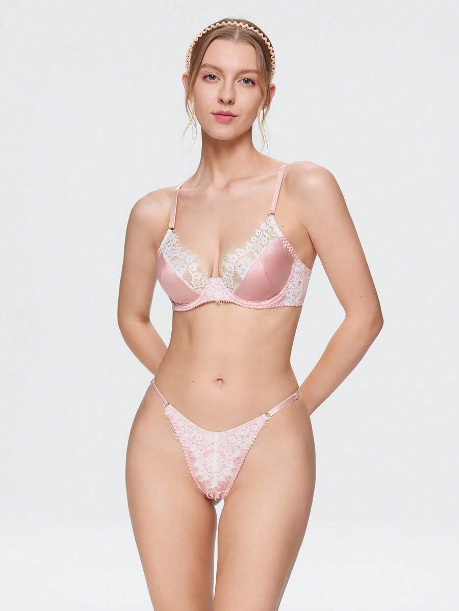 Bonmuse Women's Satin Lace Lingerie Set, Underwire Bra And Thong, Sweet Floral Eyelash Lace Lingerie - Pink - View 1