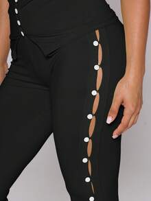 MUSERA Celana Capri Pas Badan Rajut Motif Kotak Hitam Putih dengan Kancing Samping untuk Pesta Malam Musim Panas Seksi - Hitam - View 5