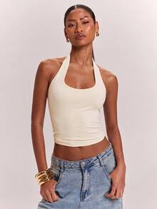 SHEIN BAE 女款針織素色米色休閒通勤掛脖露背扭結性感實用背心 T-shirt 寬鬆度假夏季款 - 杏色 - 查看 5