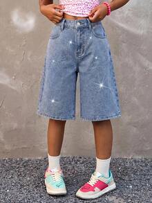 青少年女孩前扣多口袋寬鬆牛仔短褲，休閒日常秋季返校 Y2K 街頭風 Grunge 休閒節慶海灘畢業典禮度假舒適時尚，休閒街頭風，夏季，適合春夏穿著，優雅度假風，春假夏季海灘度假穿著節慶派對婚禮畢業舞會生日休閒度假 - 藍色 - 查看 2