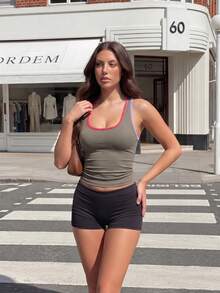 SHEIN Sports Women's Colorblock Slim Fit Versatile Daily Casual Athleisure Sports T-Shirt Gym Olive Green Summer Trail Run Outfit - Brown - View 5