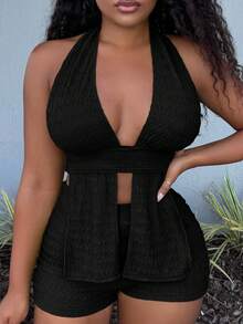Alexandranx Women's Fashion Vacation Halter Top & Shorts 2 Pieces Set No Chest Padding Black - Black - View 4