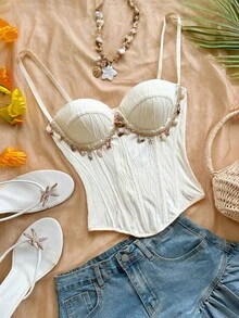 Soleia Women's Lace French Style Starfish Shell Tassel Decor Fishbone Top - White - View 1