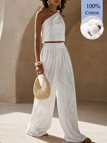 Zivah Women's Solid Color One Shoulder Top And Pants 2 Pieces Set For Vacation And Casual Basic Modest Wear Beach White Summer - Beige - View 8