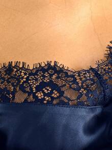 RosyDaze Women's Elegant Satin Lace Patchwork Spaghetti Strap Black Dress - Royal Blue - View 3