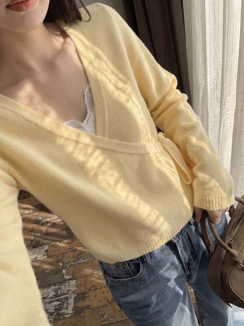Women's Solid Color Loose V-Neck Tie Long Sleeve Casual Vacation Spring/Autumn Knit Cardigan