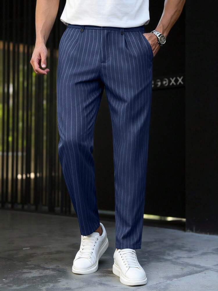 Manfinity Mode Pantalones de vestir para hombre azul marino con rayas diplomáticas, doble pliegue, pierna recta, caída, resistente a las arrugas, pantalones de traje casual para ir al trabajo, negocios, citas, uso diario, versátiles - Azul Marino - Añade 3