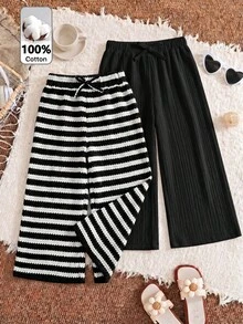 SHEIN LMoss Kids 少女款針織條紋休閒寬鬆直筒長褲 - 黑色 - 查看 1