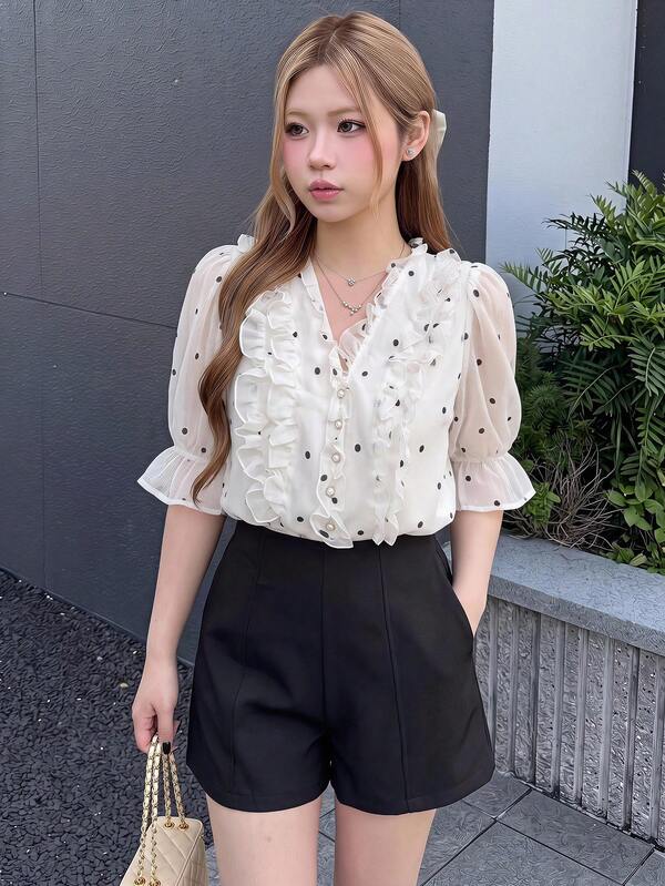 Bijouette Áo blouse thời trang nữ họa tiết chấm bi, tay loe bèo nhún