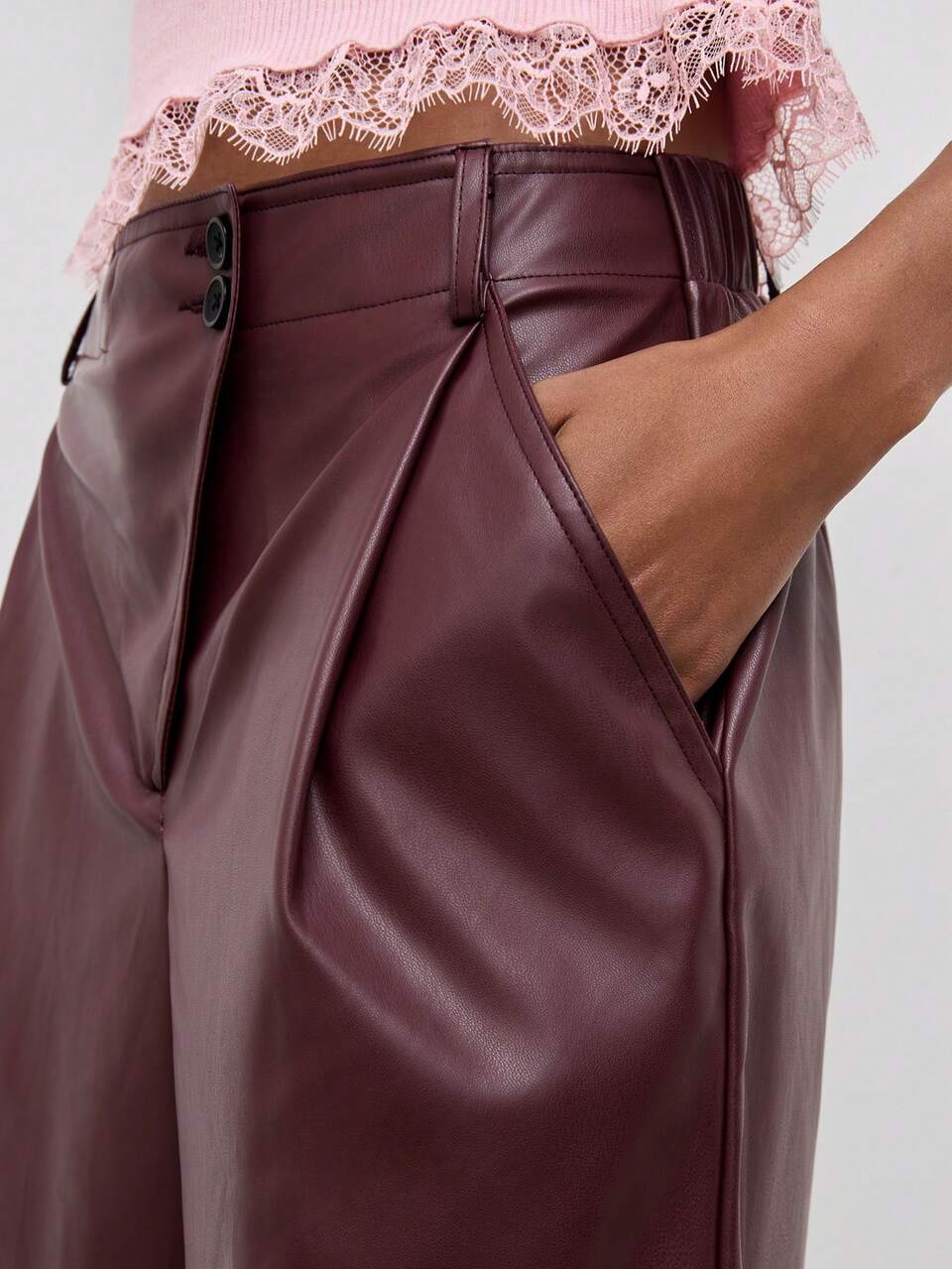 SHEIN Maija Burgundy Women's Mid-Waist Wide Leg Asymmetric Placket Casual Shorts