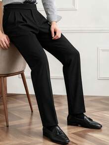 Core Aspect Men's Solid Color Mid-Waist Double Pleated Straight Leg Casual Business Ankle Pants With Zipper And No Belt Loops - Black - View 6
