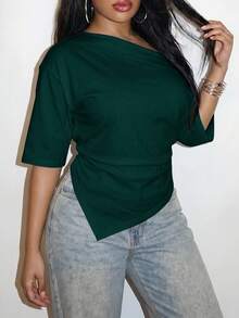 Slaydiva 2026 Spring/Summer Women's Plus Size Solid Color Asymmetric T-Shirt - Dark Green - View 8