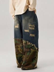 Jeans de mezclilla holgados con estampado de camuflaje y desgastados para hombre - Azul - Ver 3