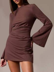 Athîral Women's Casual Maturity Elegant Round Neck Solid Color Long Sleeve Short Dress, Daily Wear, Date Dinner And Party Outfit Coffee Brown Autumn - Mocha Brown - View 6