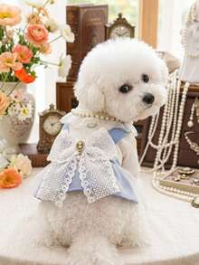PETSIN 1pc Cat And Dog Universal Clothing, Pearl Lace Collar Princess Style Cat And Dog Dress, Suitable For Pet Birthday Parties, Owner Wedding Matching Outfits, Light Luxury Socialite Style Pet Photos - Blue - View 5
