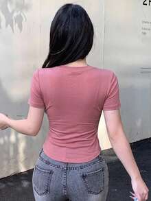 DAZY 女款粉色純色圓領短袖T恤，休閒街頭風戶外上衣，適合音樂節、情人節、婚禮與運動場合 - 粉色 - 查看 4