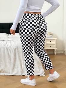 SHEIN EZwear 大尺碼女款棋盤格高腰緊身休閒長褲 - 黑與白 - 查看 3