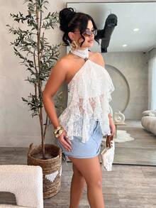 Dayanna Comas Atasan Wanita Elegan dengan Kerah Tegak dan Trim Ruffle Berlapis-lapis, Atasan Kasual Musim Panas - Putih - View 3