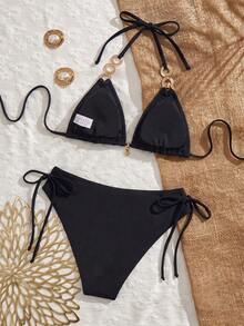 Swim Vcay Women's Solid Color Beach Swimsuit Set For Vacation - Black - View 2