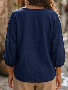 Linhara CURVE Plus Size Woven Casual Resort Daily Spring-Autumn Women's Shirt - Navy Blue - View 2
