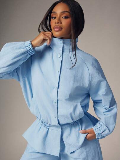 Denimoi High Neck Windbreaker Jacket Cinched Waist Lightweight Outerwear Jacket Streetwear Button Up, Fall/Winter Two Piece Co-Ord Set