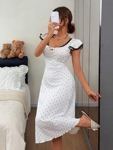 Napfluff Contrast Color Lace Trim Patchwork Knit Casual Square Neck Fitted Short Flutter Sleeve Women's Nightgown - White - View 5