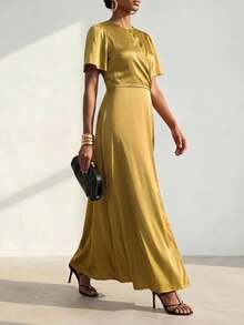Zivah Women's Elegant Solid Color Waist-Cinching Long Dress - Mustard Yellow - View 5