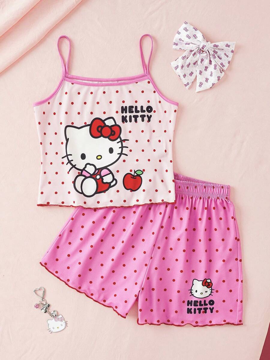 HELLO KITTY AND FRIENDS | SHEIN Celana Pendek Cami Motif Polkadot Kartun untuk Anak Perempuan Remaja - Berwarna merah muda - View 1