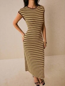 Poéselle 女款棉質提花條紋中長洋裝，對比飾邊圓領短袖緊身洋裝，四季百搭，適合辦公室、日常與返校穿著 - 棕色 - 查看 5