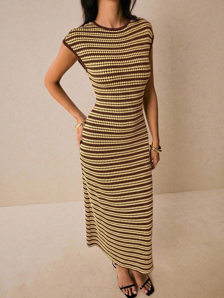 Poéselle Women Cotton Jacquard Stripe Midi Dress, Contrast Trim Round Cap Sleeve Bodycon Dress, All-Season Staple For Office, Daily & Back To School - Brown - View 4