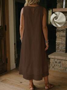 Linhara CURVE Plus Size Sleeveless Pure Cotton Double Layer Hem With Pockets Casual Everyday Women's Dress - Coffee Brown - View 2