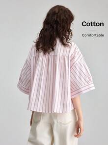 Ontre 夏季休閒粉色條紋上衣，度假圓領單排扣 3/4 袖上衣，高品質舒適日常款 - 粉色 - 查看 3