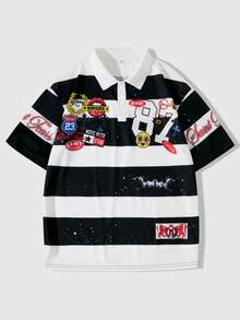 ROMWE MEN Street Life Teen Boy Colorblock Letter & Number Print Casual Everyday Short Sleeve T-Shirt - Black and White - View 6