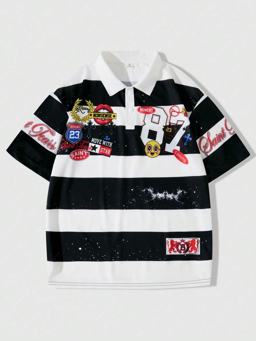 ROMWE MEN Street Life Teen Boy Colorblock Letter & Number Print Casual Everyday Short Sleeve T-Shirt - Black and White - View 1