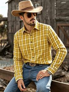 DREXORIN Men's Street Fashion Plaid Single-Breasted Long Sleeve Shirt - Yellow - View 4