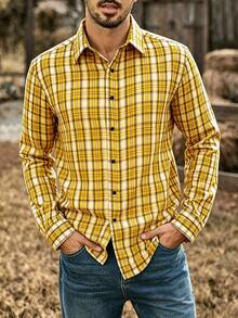 DREXORIN Men's Street Fashion Plaid Single-Breasted Long Sleeve Shirt - Yellow - View 7
