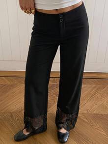 SHEIN EZwear 女款蕾絲拼接休閒百搭日常穿著長褲 - 黑色 - 查看 10
