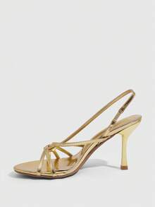 CUCCOO SZL Sandal Hak Tinggi dengan Tali Silang Emas Mengkilap di Bagian Belakang, Sepatu Stiletto Ujung Terbuka untuk Gaya Pesta Wanita - Emas - View 4