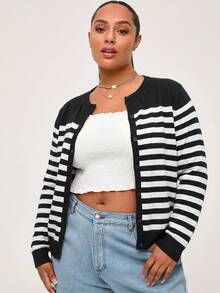 EMERY ROSE Plus Size Women's Striped Colorblock Casual Daily Cardigan Winter - Black and White - View 2