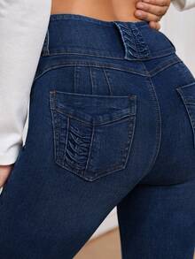 EMERY ROSE Solid Color Front Button Fitted Pockets Casual Versatile Jeans - Dark Wash - View 3